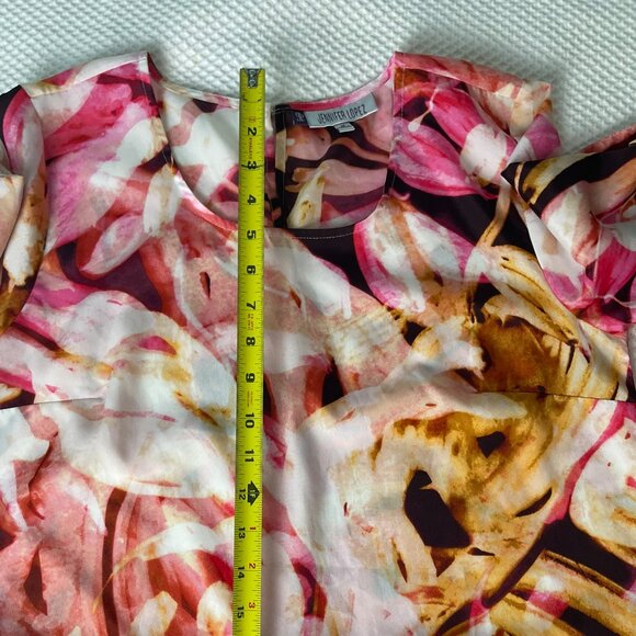 Jennifer Lopez Pink Brown Yellow Floral Short Sleeve Split Back Womens Top M - Picture 12 of 15